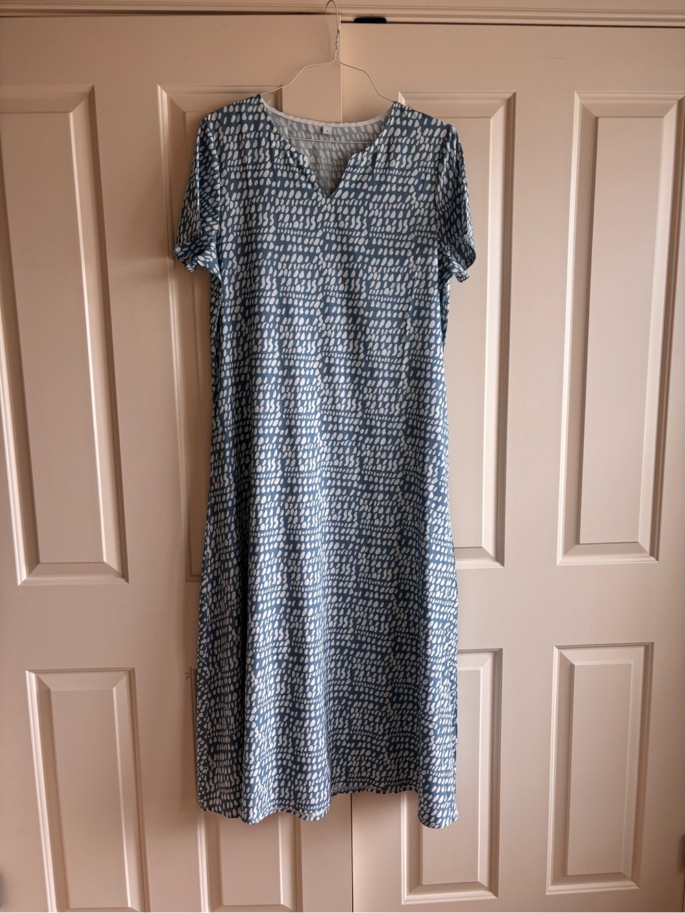 Blue Printed Short-Sleeve Midi Dress